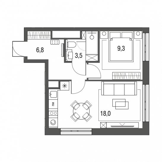 Однокомнатная квартира 37.6 м²
