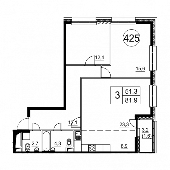 Трёхкомнатная квартира 82.2 м²
