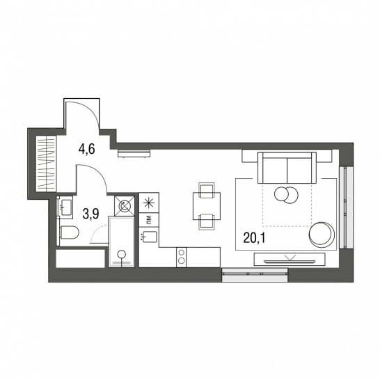 Студия 28.6 м²