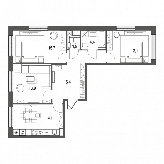 Трёхкомнатная квартира 78.4 м²