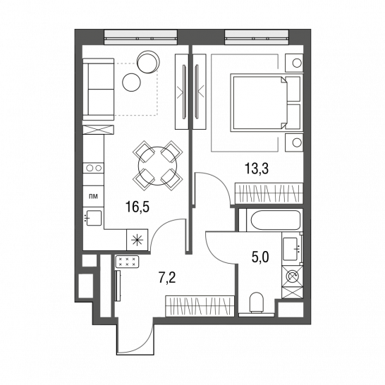 Однокомнатная квартира 42 м²