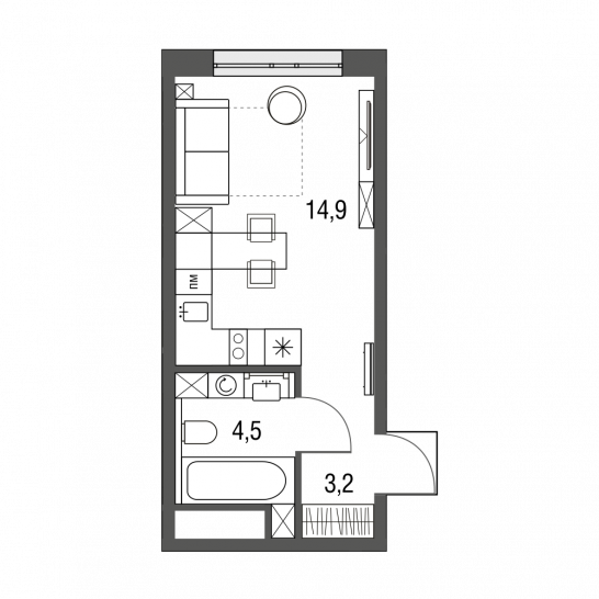Студия 22.6 м²