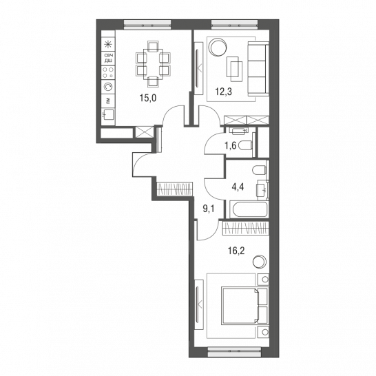 Трёхкомнатная квартира 58.6 м²