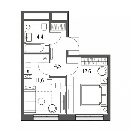 Однокомнатная квартира 33.1 м²