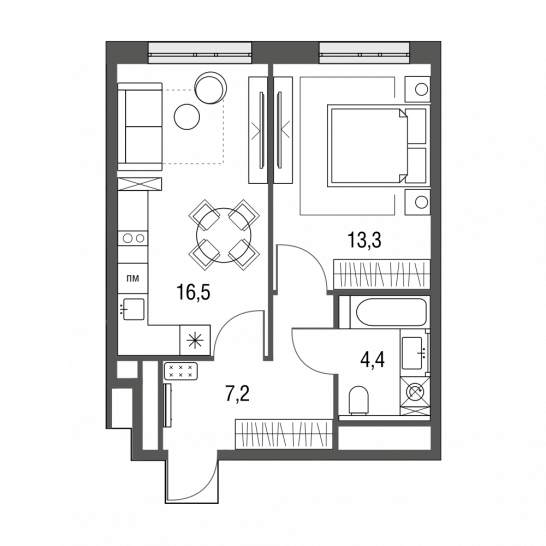 Однокомнатная квартира 41.4 м²