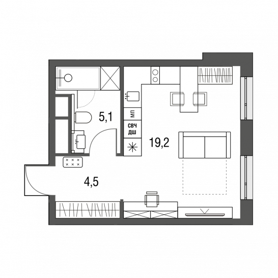 Студия 28.8 м²