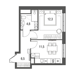 Однокомнатная квартира 35.1 м²