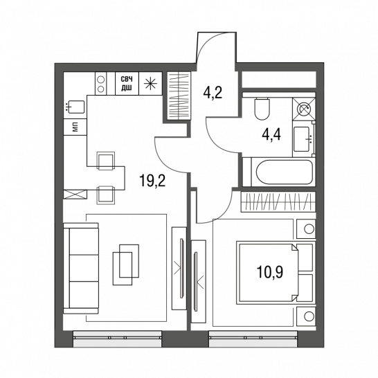 Однокомнатная квартира 38.7 м²