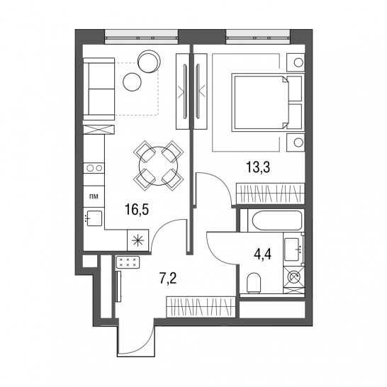 Однокомнатная квартира 41.4 м²