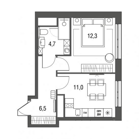 Однокомнатная квартира 34.5 м²