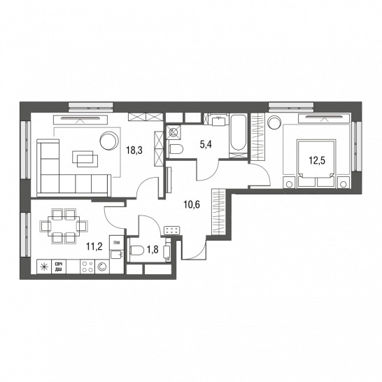 Двухкомнатная квартира 59.8 м²