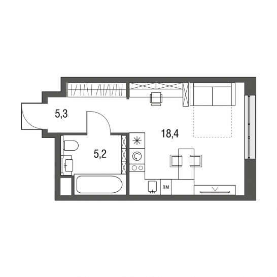 Студия 28.9 м²