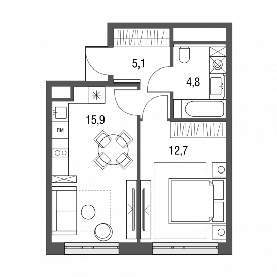 Однокомнатная квартира 38.5 м²