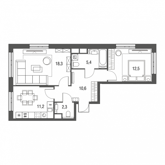 Двухкомнатная квартира 60.3 м²