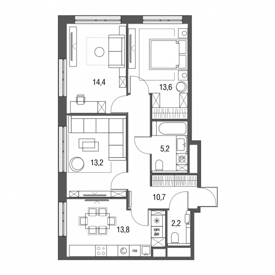 Трёхкомнатная квартира 73.1 м²
