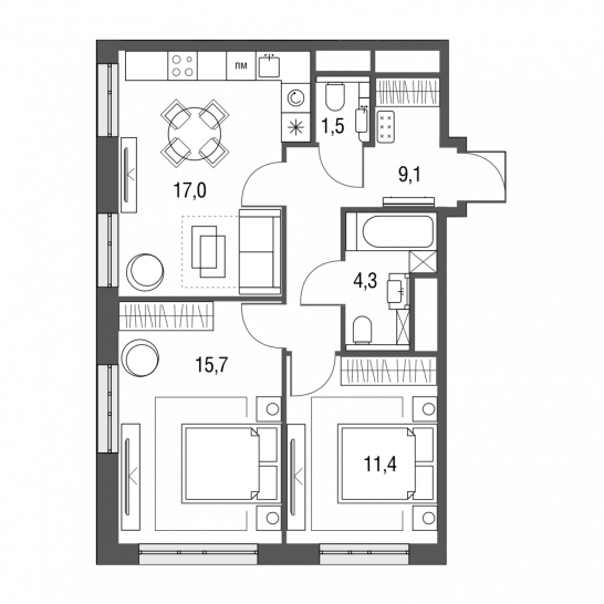 Трёхкомнатная квартира 59 м²