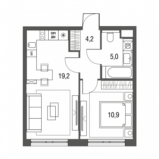Однокомнатная квартира 39.3 м²