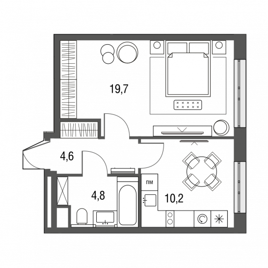 Однокомнатная квартира 39.3 м²