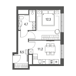 Однокомнатная квартира 34.7 м²