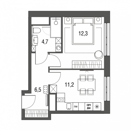 Однокомнатная квартира 34.7 м²