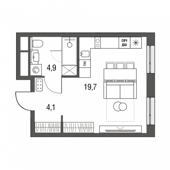 Студия 28.7 м²
