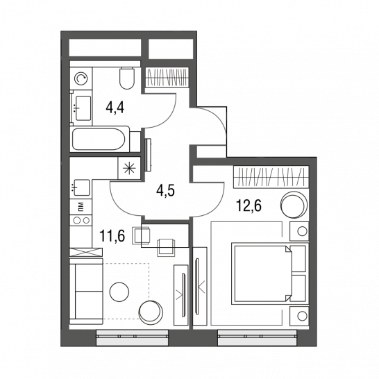 Однокомнатная квартира 33.1 м²