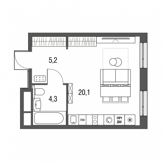 Студия 29.6 м²