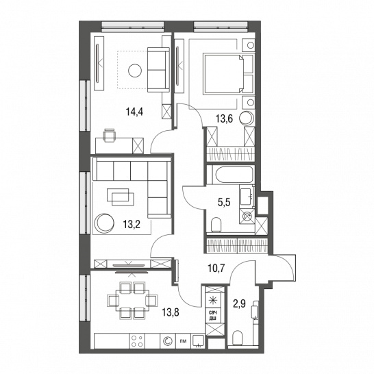 Трёхкомнатная квартира 74.1 м²