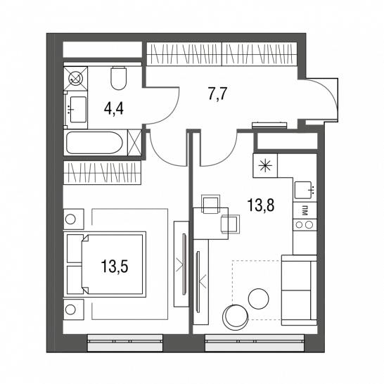 Однокомнатная квартира 39.4 м²
