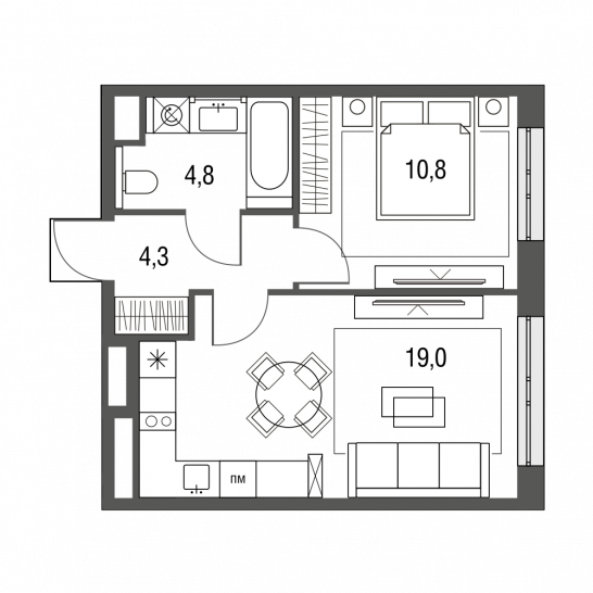 Однокомнатная квартира 38.9 м²