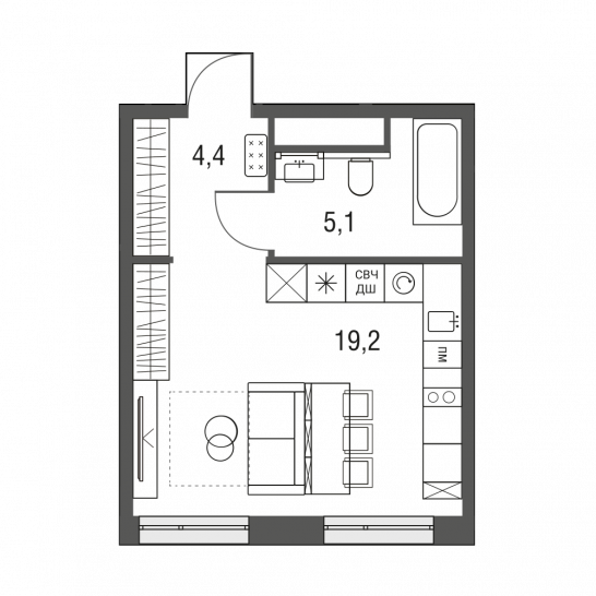 Студия 28.7 м²