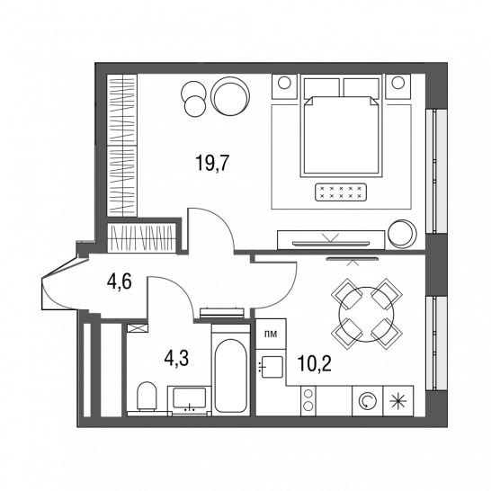 Однокомнатная квартира 38.8 м²