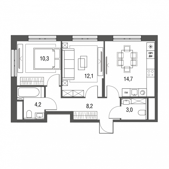 Двухкомнатная квартира 52.5 м²